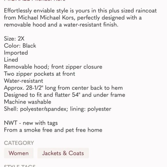 MICHAEL Michael Kors Womens Black Hooded Zip Water Resistant Raincoat Small NWT - Picture 8 of 11